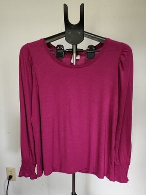 Cato Fuchsia Long-Sleeve Crewneck Top with Smocked Cuffs